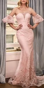 New blush pink strapless optional puff sleeve fitted lace gown
